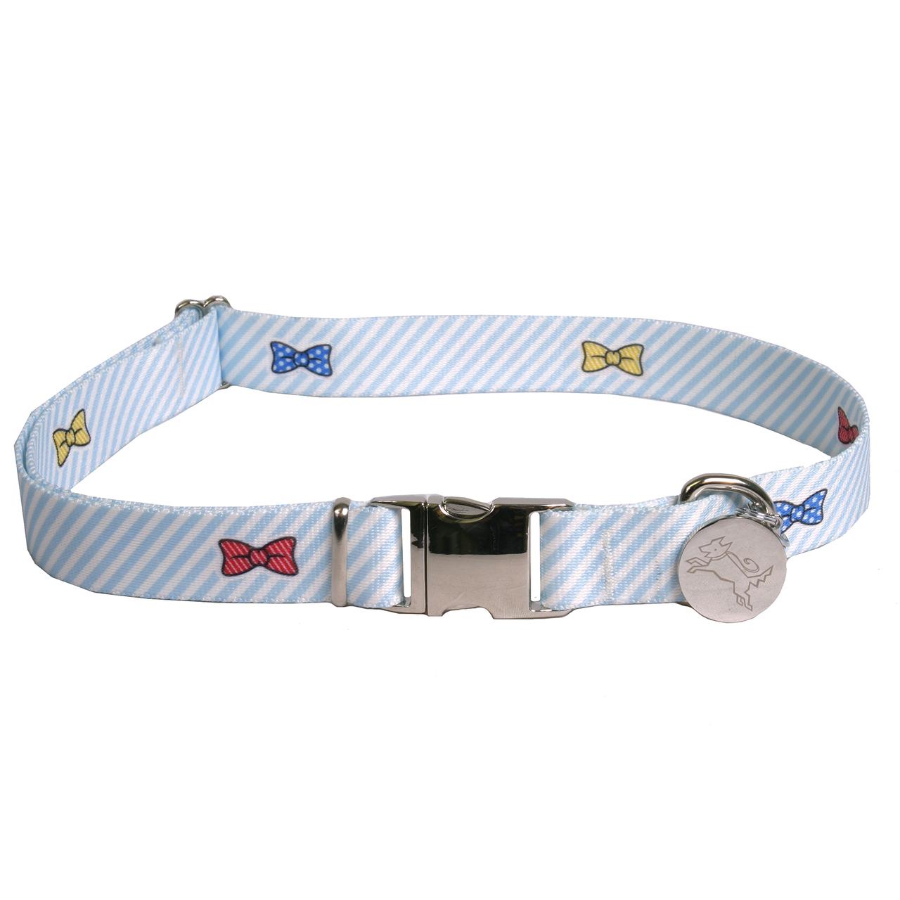 Southern Dawg Seersucker Blue with Bow Ties Premium Dog Collar