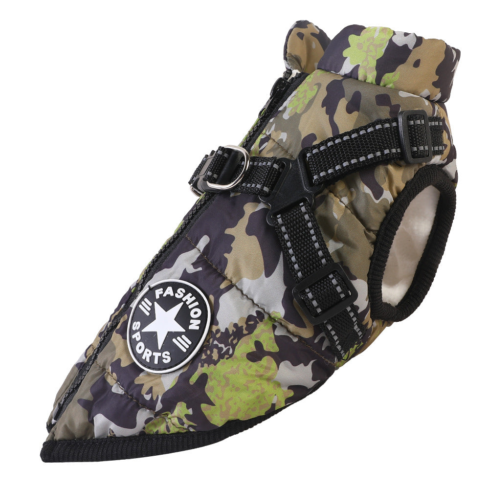 Pet clothing waterproof and warm dog cotton coat winter skiing suit chest and back integrated cotton vest