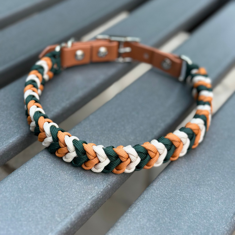 Coiled Charm Hand Braided Dog Collar in Hunter Green, Mustard, & Cream