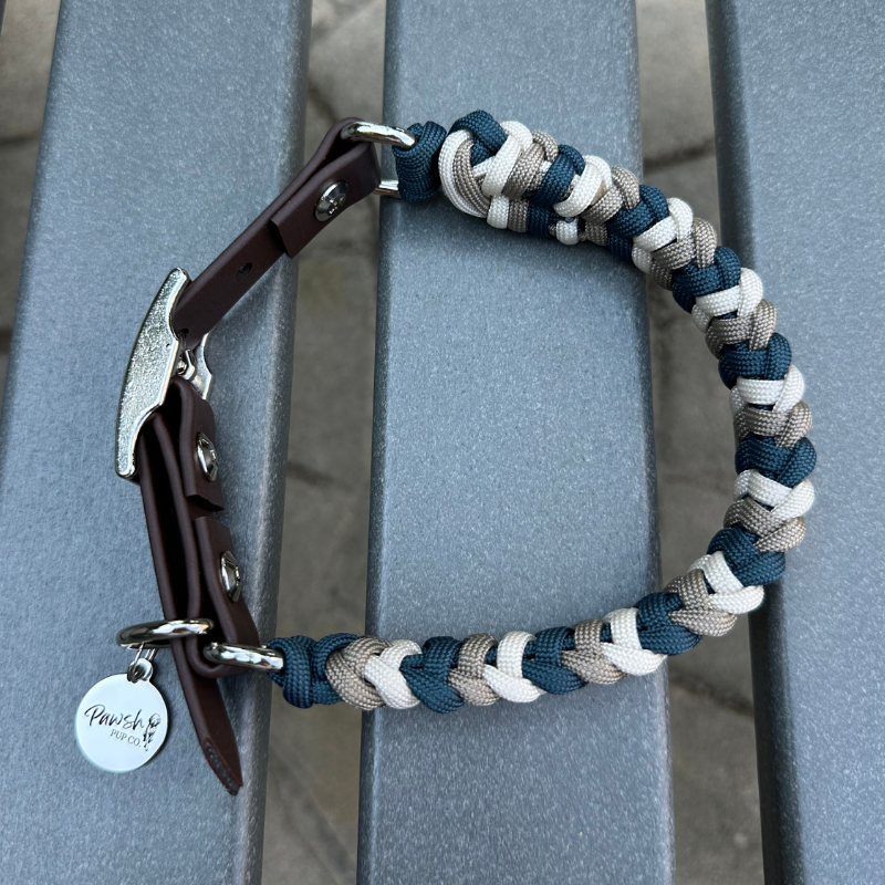 Coiled Charm Hand Braided Dog Collar in Navy, Tan, & Cream