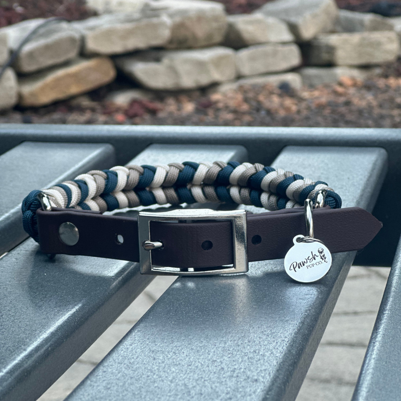 Coiled Charm Hand Braided Dog Collar in Navy, Tan, & Cream