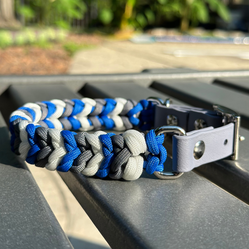 Coiled Charm Hand Braided Dog Collar in Royal Blue, Graphite, & White