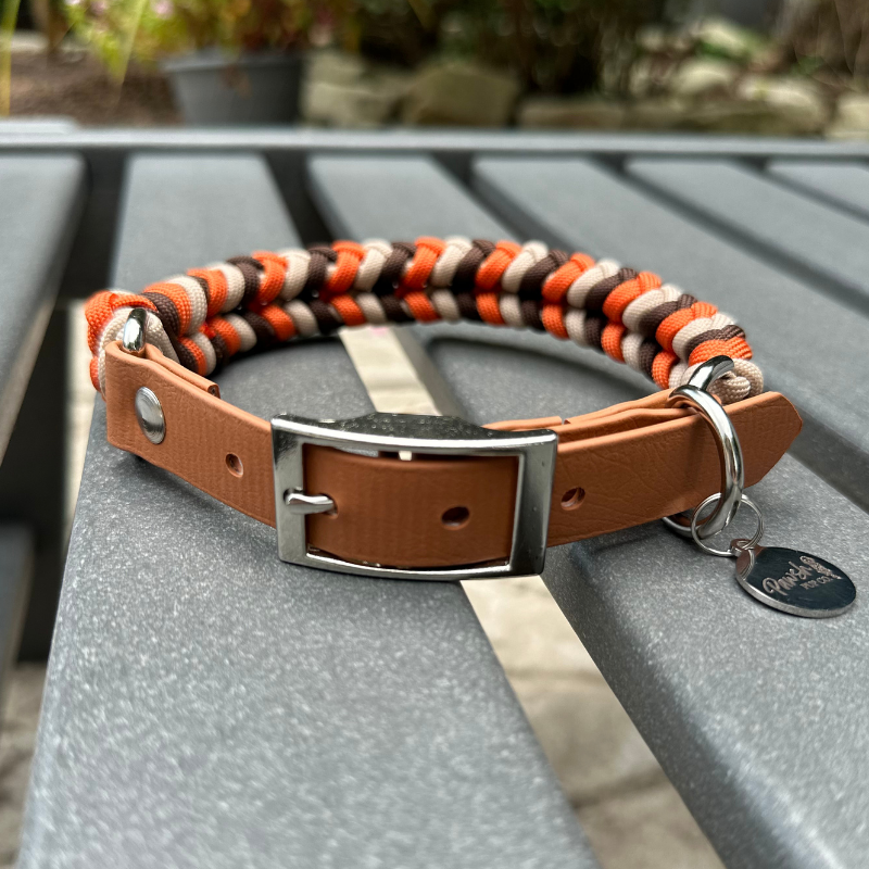 Coiled Charm Hand Braided Dog Collar in Burnt Orange, Walnut Brown, & Light Tan