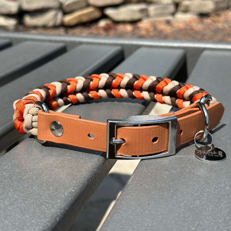 Coiled Charm Hand Braided Dog Collar in Burnt Orange, Walnut Brown, & Light Tan