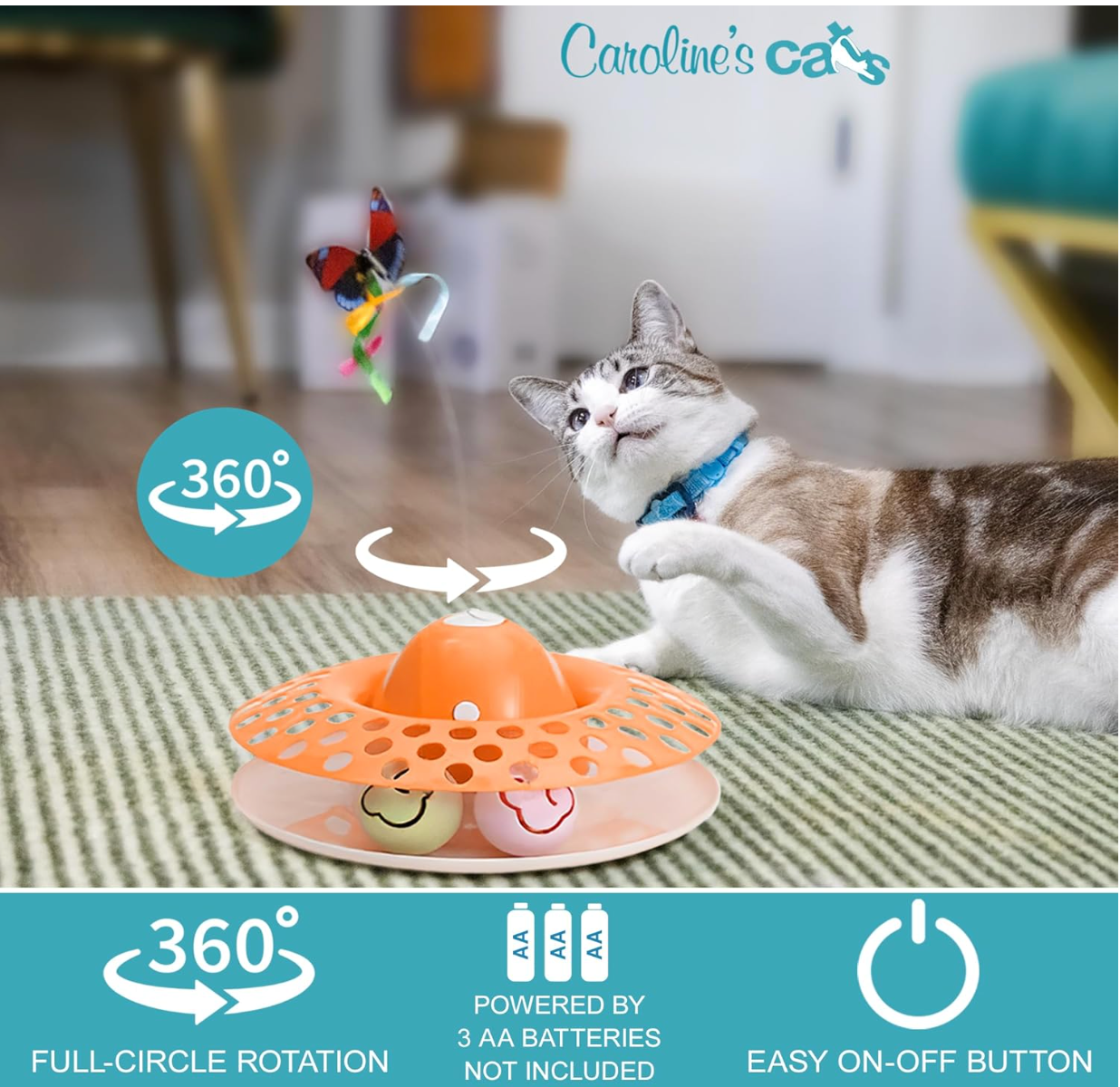 Caroline's Cats Automatic Butterfly Cat Toy – Interactive 2 in 1 with Auto Shut Off & Catnip Ball Track; Recommended Electric Exercise & Enrichment Game