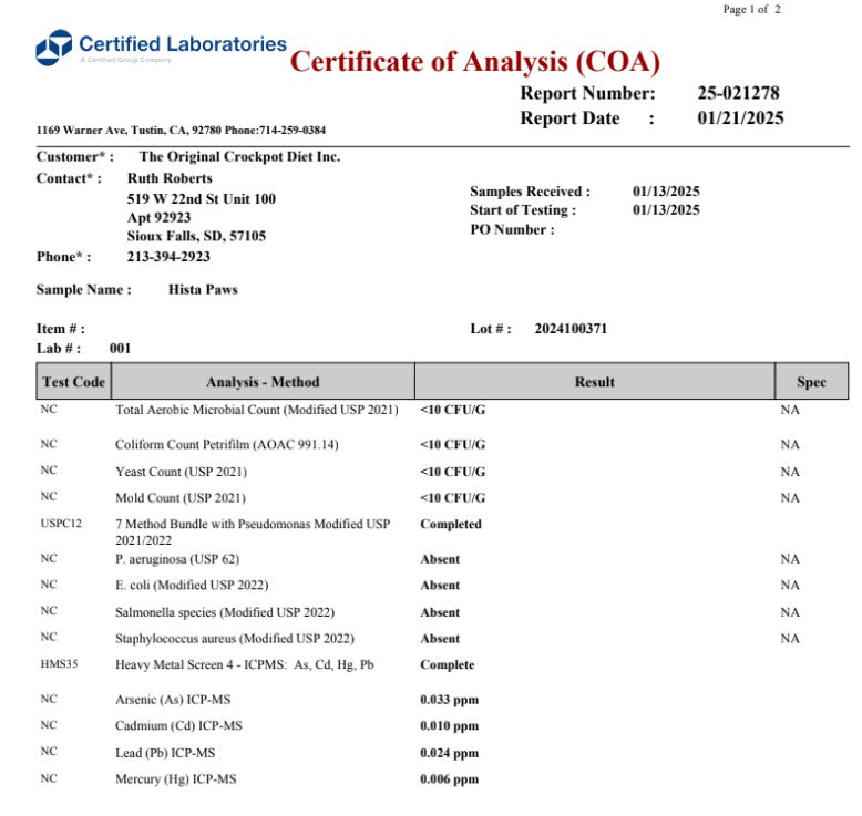 PRE-ORDER Hista Paws – with Quercetin for Dogs and Cats